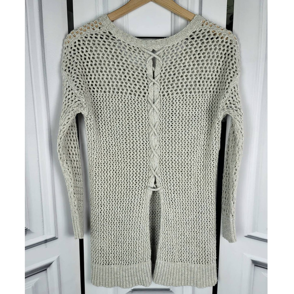 LUCKY BRAND LACE UP BEIGE CROCHET PULLOVER SWEATER - SIZE SMALL - Picture 3 of 8